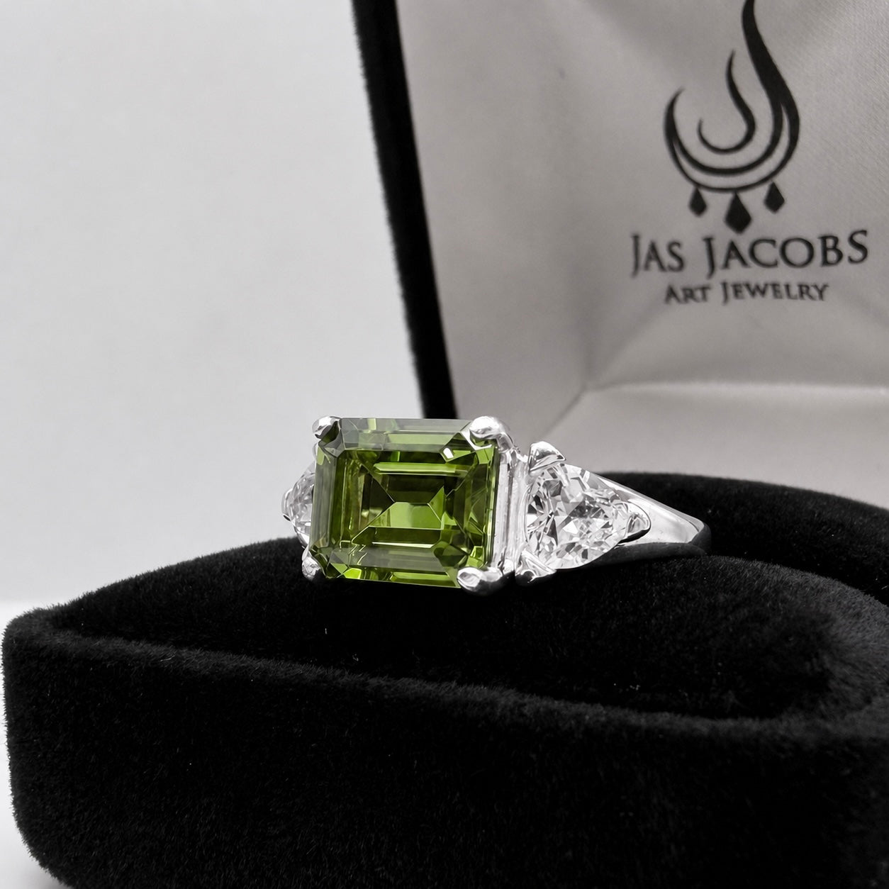 Emerald Cut Peridot & Trillion White Sapphire Art Deco Ring