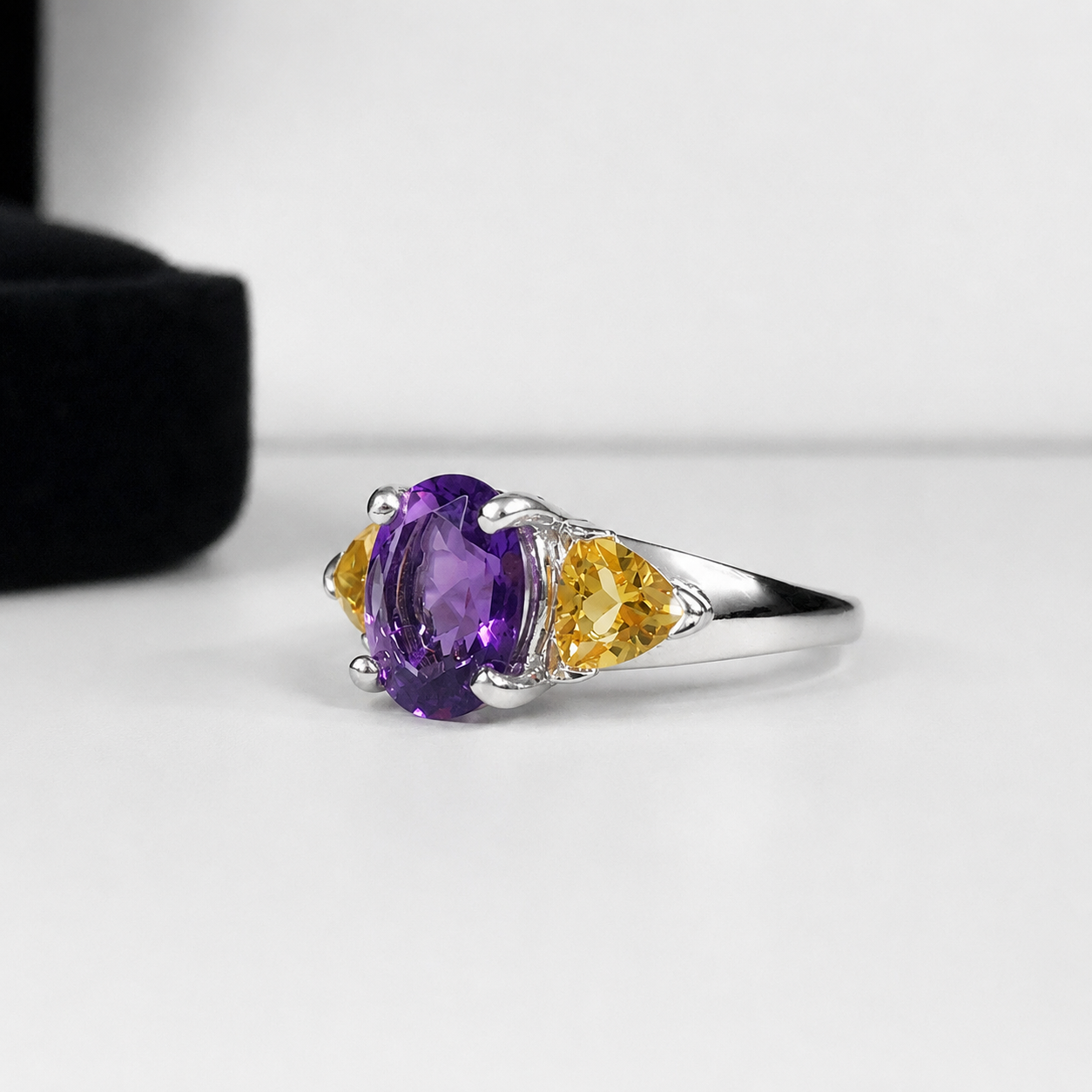 4CTW Oval Cut Amethyst Ring | Trillion Cut Citrine Three Stone Ring | Mardi Gras Ring