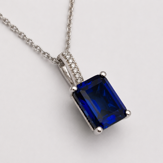4CT Emerald Cut Blue Sapphire & Diamond Accent Necklace