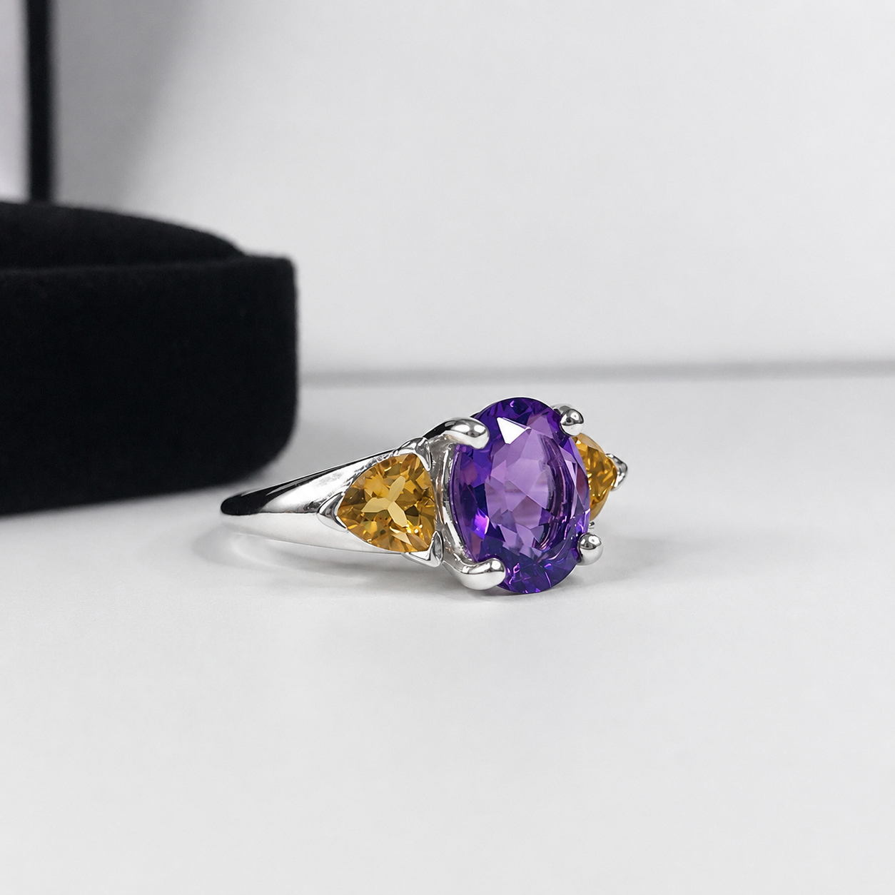 4CTW Oval Cut Amethyst Ring | Trillion Cut Citrine Three Stone Ring | Mardi Gras Ring
