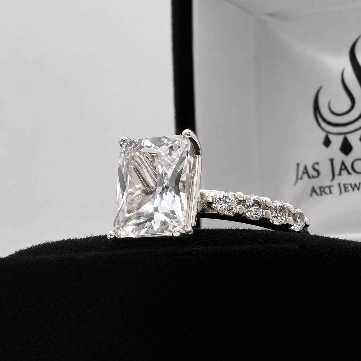4CT Emerald Cut White Sapphire Ring | 0.64 CTW Diamond Accent Engagement Ring