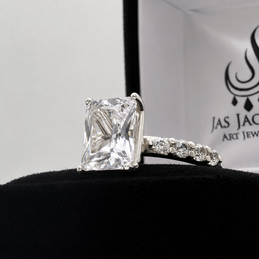 4CT Emerald Cut White Sapphire Ring | 0.64 CTW Diamond Accent Engagement Ring