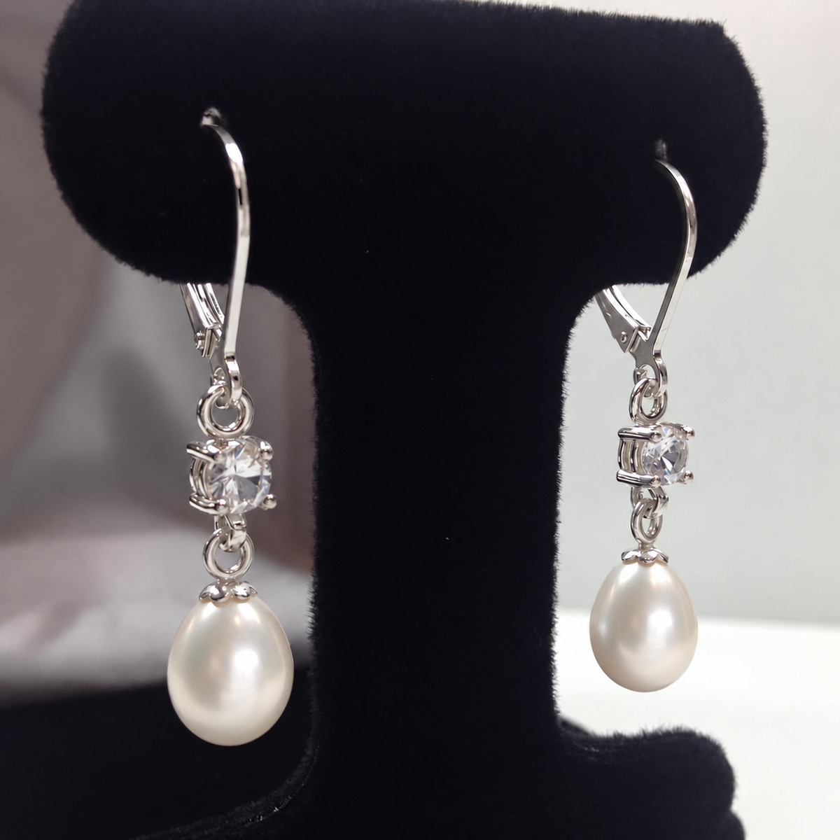 Pearl & White Sapphire Leverback Drop Earrings