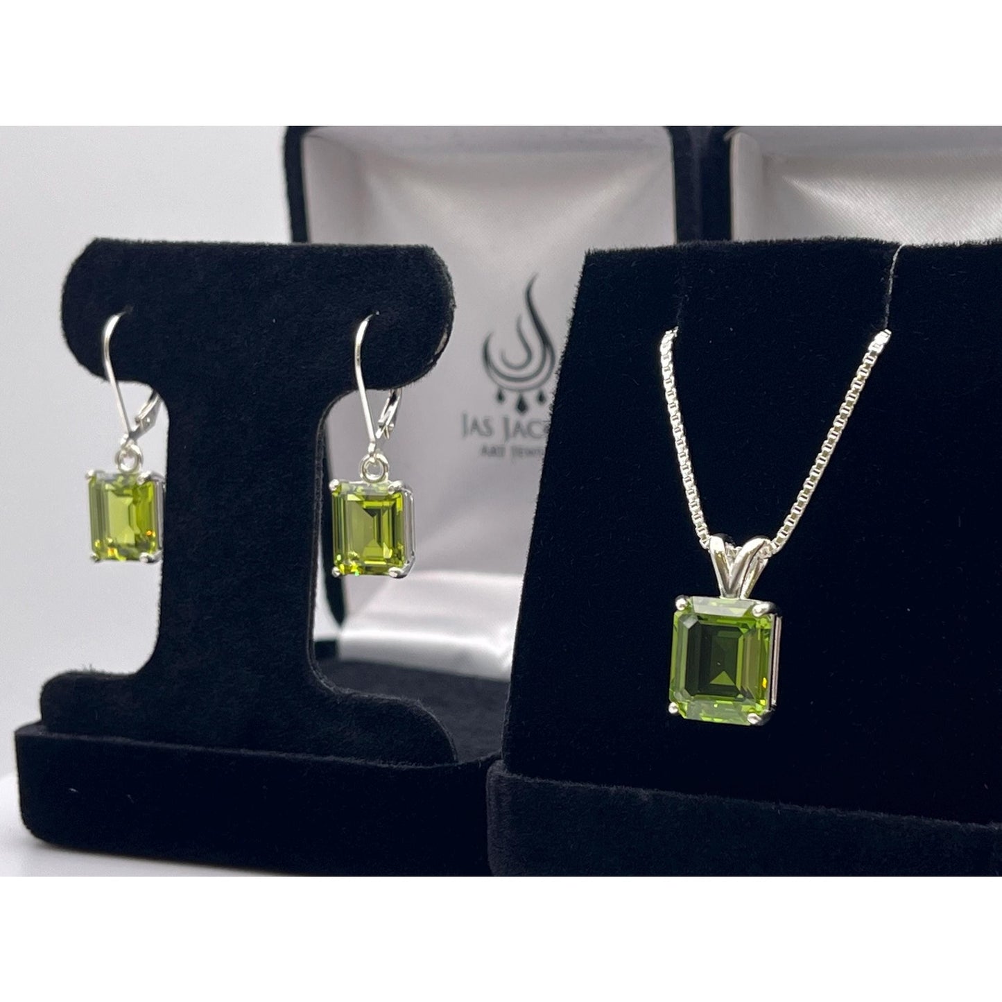 Emerald Cut Peridot Necklace & Earrings Set in Sterling Silver August Birthstone