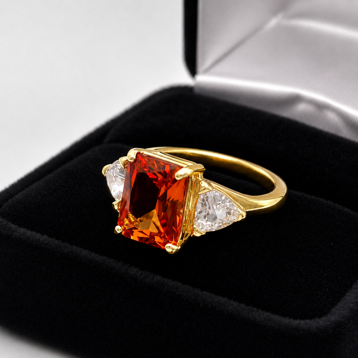 5.5ct Emerald Cut Padparadscha Sapphire Ring | Trillion Cut White Sapphire Three Stone Ring