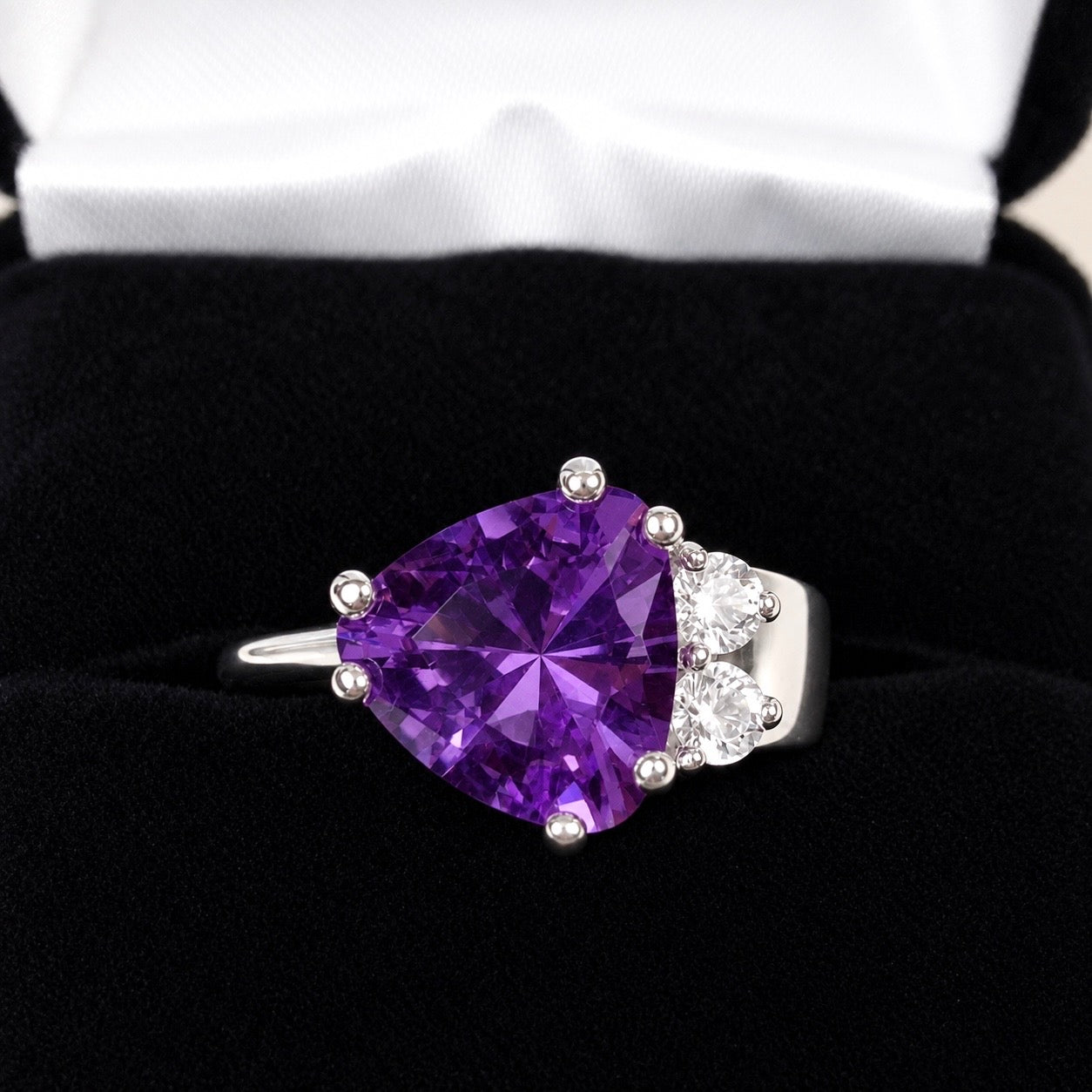 3ctw Trillion Cut Amethyst & White Sapphire Sculptural Asymmetrical Ring