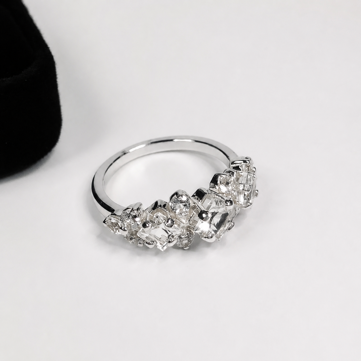 Art Deco Inspired Princess Cut White Sapphire and Diamond Three Stone Ring