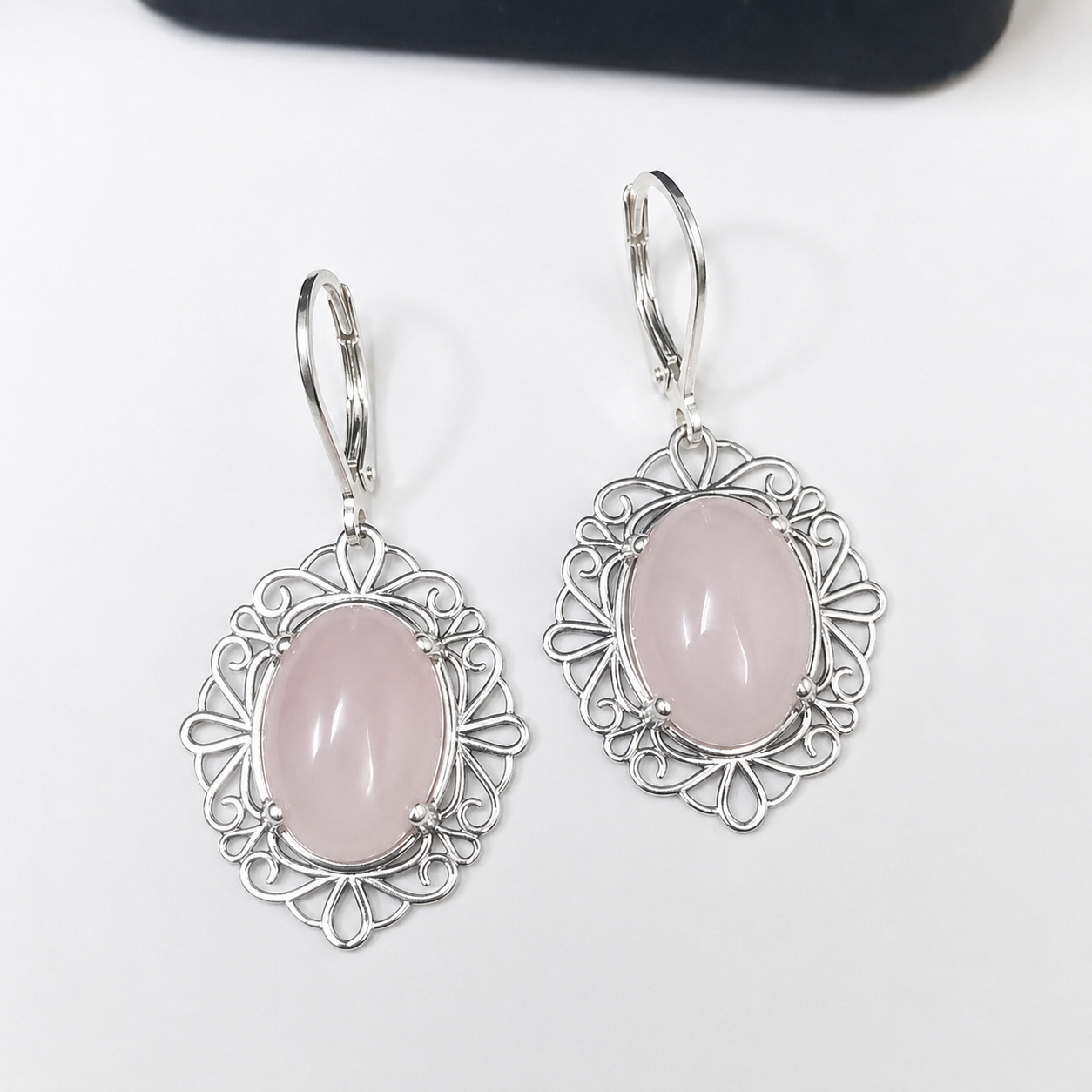 18CTW Oval Cabochon Rose Quartz Drop Earrings