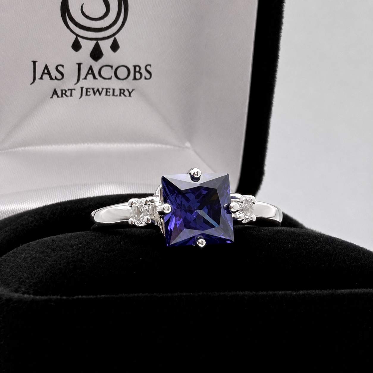 Princess Cut Simulated Tanzanite & White Sapphire Art Deco Ring
