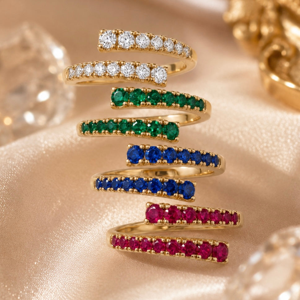 14K Yellow Gold Adjustable Open Bypass Ring | Lab Grown Diamond, Ruby, Emerald or Sapphire Spiral Ring | Made to Order