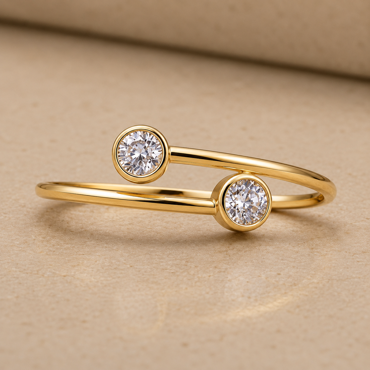 14K/20 Yellow Gold Filled Adjustable Cubic Zirconia Open Ring – Minimalist Double Bezel Set CZ Wrap Ring for Women