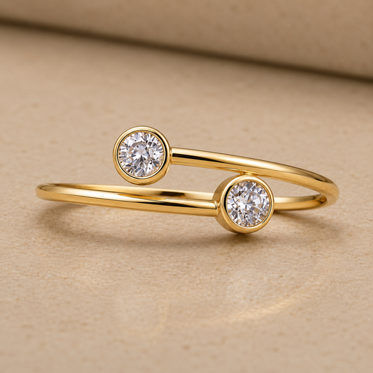 14K/20 Yellow Gold Filled Adjustable Cubic Zirconia Open Ring – Minimalist Double Bezel Set CZ Wrap Ring for Women