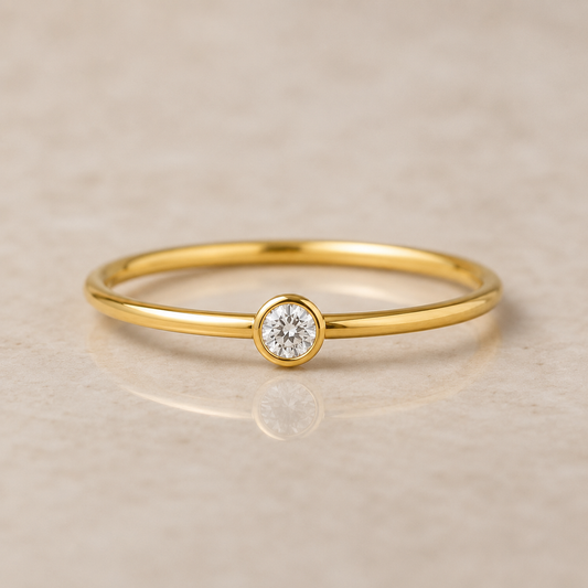 14K Yellow Gold 2mm Natural Diamond Stackable Ring | Minimalist Bezel Set Diamond Ring | Dainty Solid Gold Promise Ring