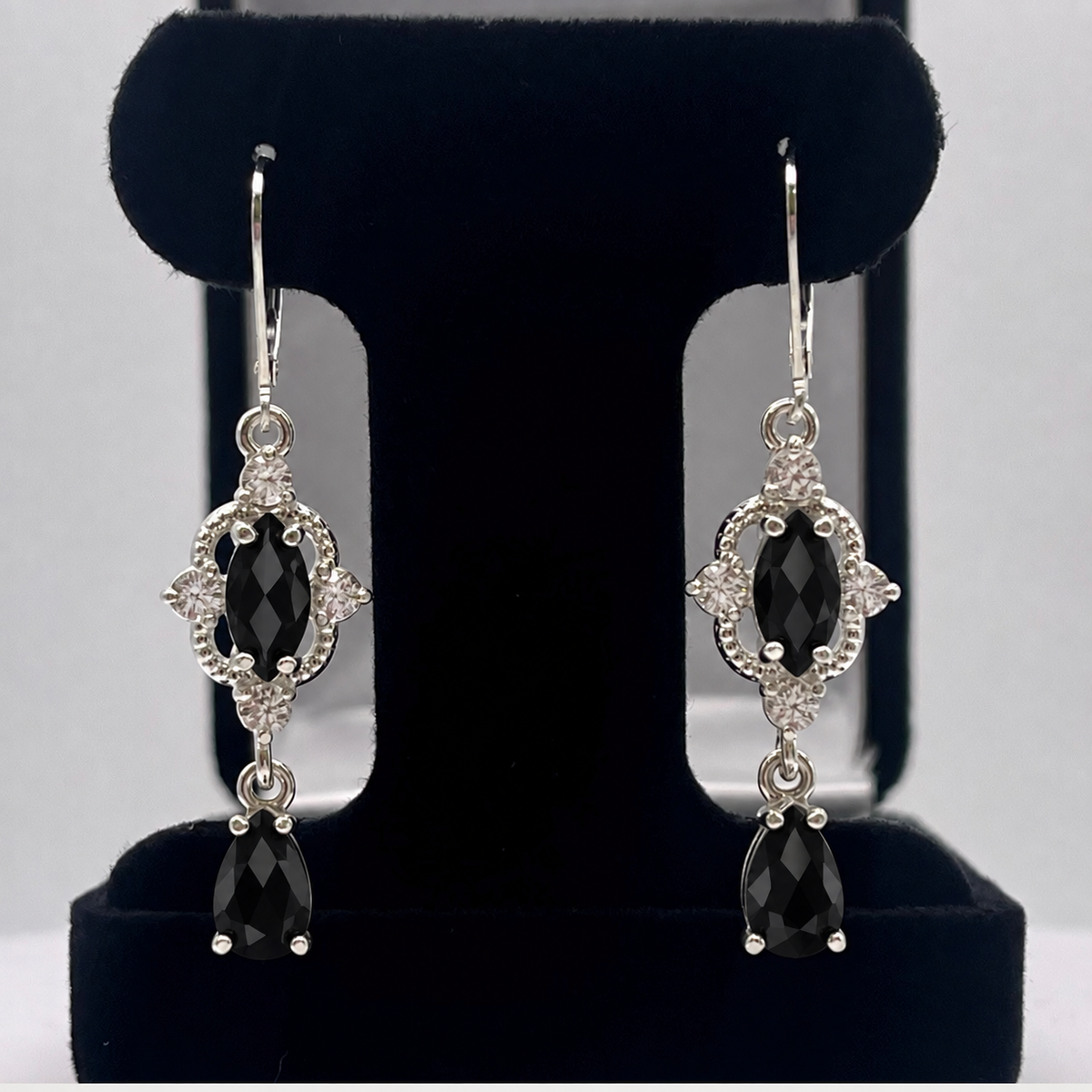 Marquise Black Onyx & White Sapphire Dangle Earrings