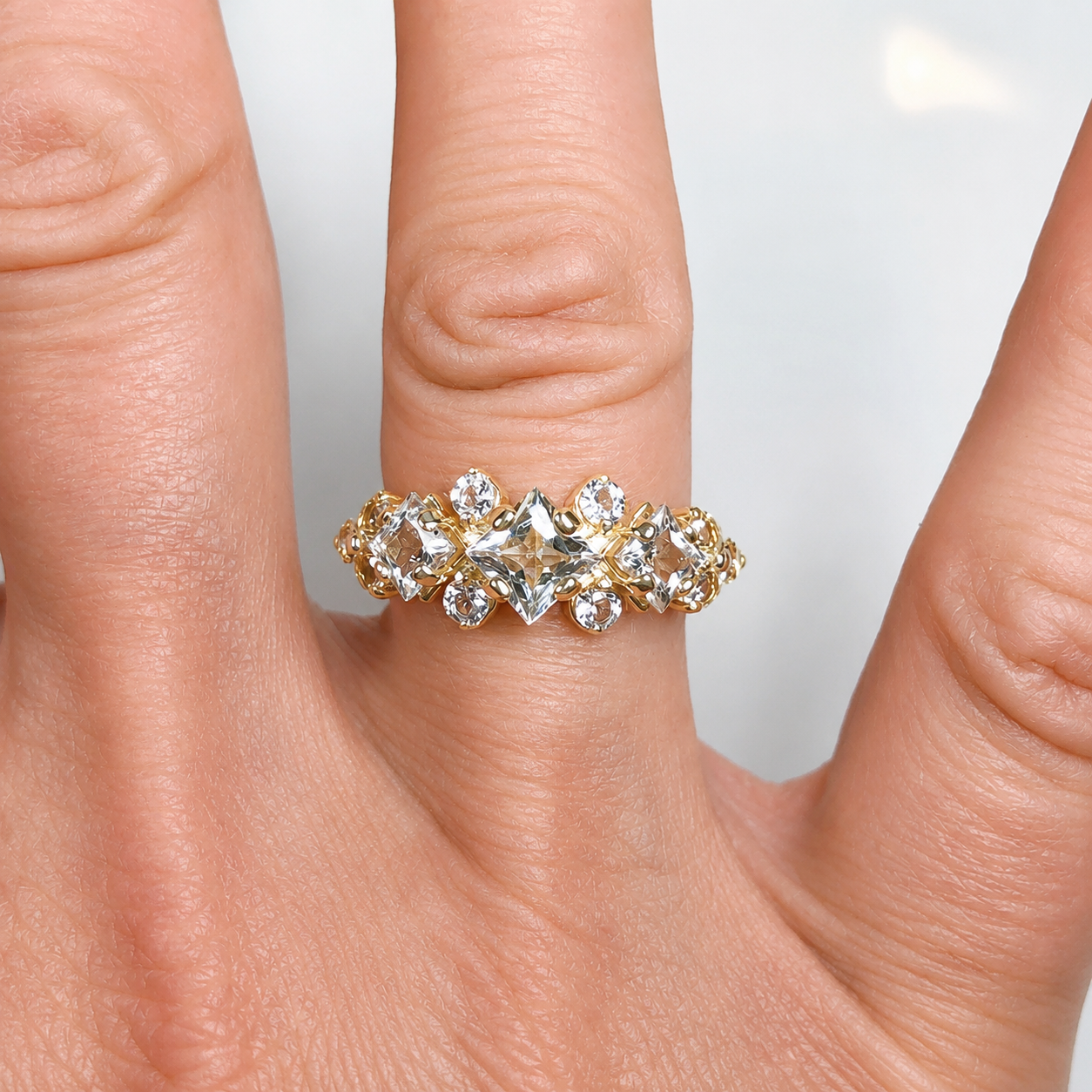 Art Deco Inspired Princess Cut White Sapphire and Diamond Three Stone Ring