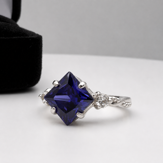 Princess Cut Blue Sapphire & Diamond Ring | Made to Order in Sterling Silver, 10K or 14K White, Yellow & Rose Gold