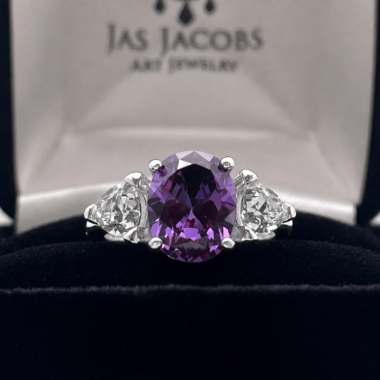 4ctw Color Change Alexandrite Sapphire Ring | Trillion White Sapphires | Three-Stone Ring
