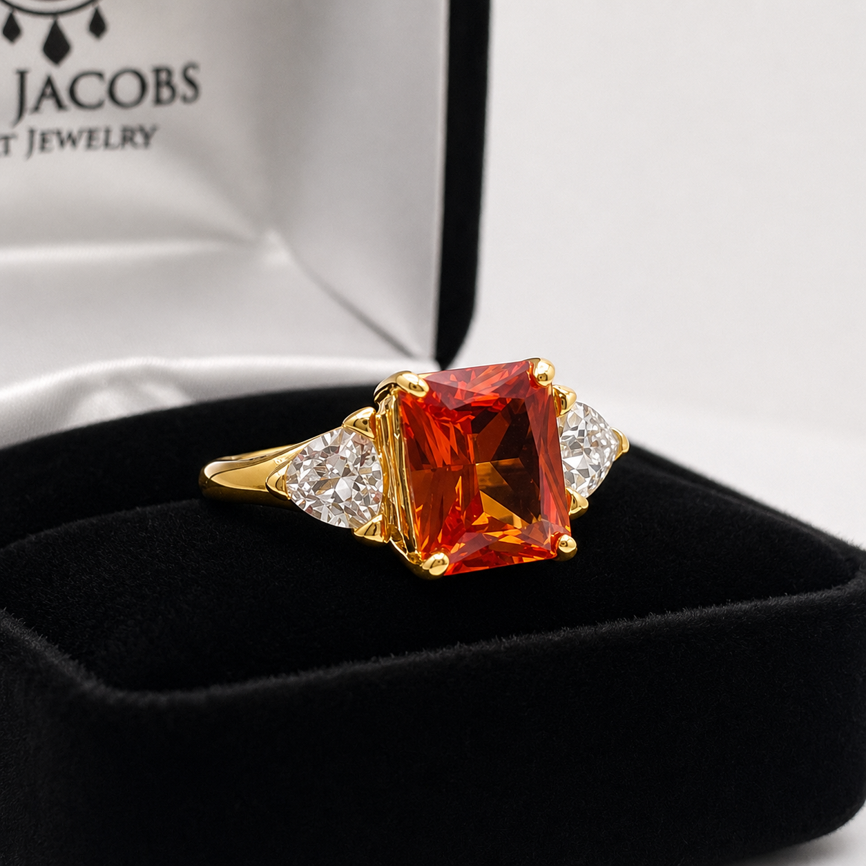 5.5ct Emerald Cut Padparadscha Sapphire Ring | Trillion Cut White Sapphire Three Stone Ring