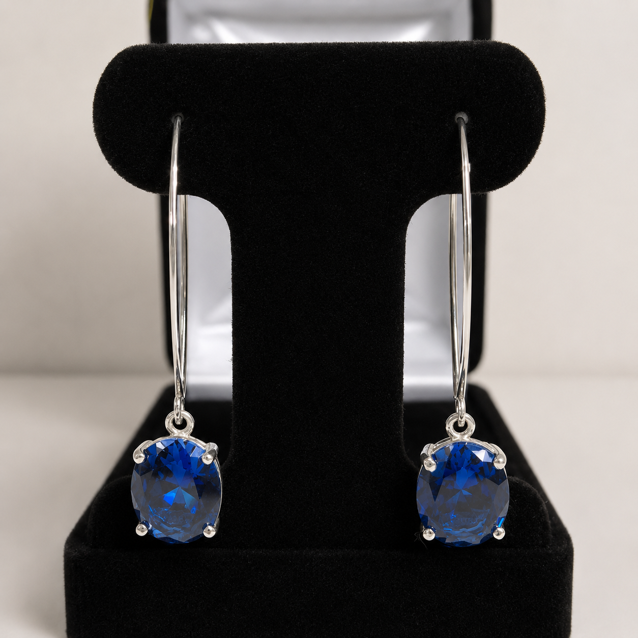 10 CTW Oval Blue Sapphire Drop Earrings | 2 Inch Sterling Silver, Statement Earrings