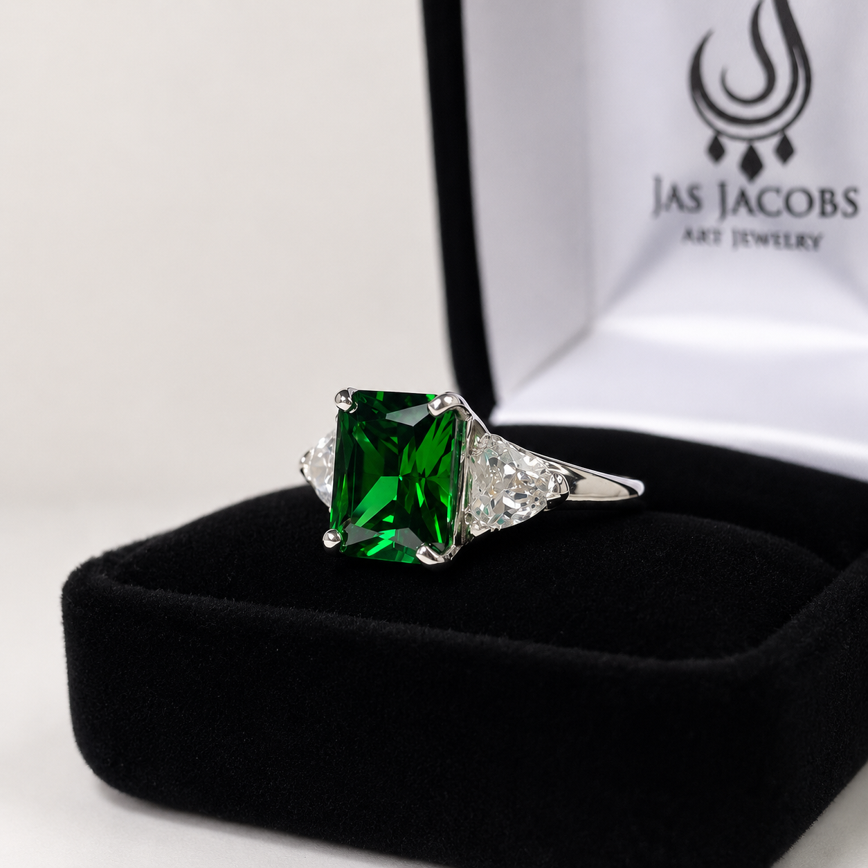 4.5CTW Emerald Cut Emerald Ring | Trillion White Sapphire Three Stone Ring