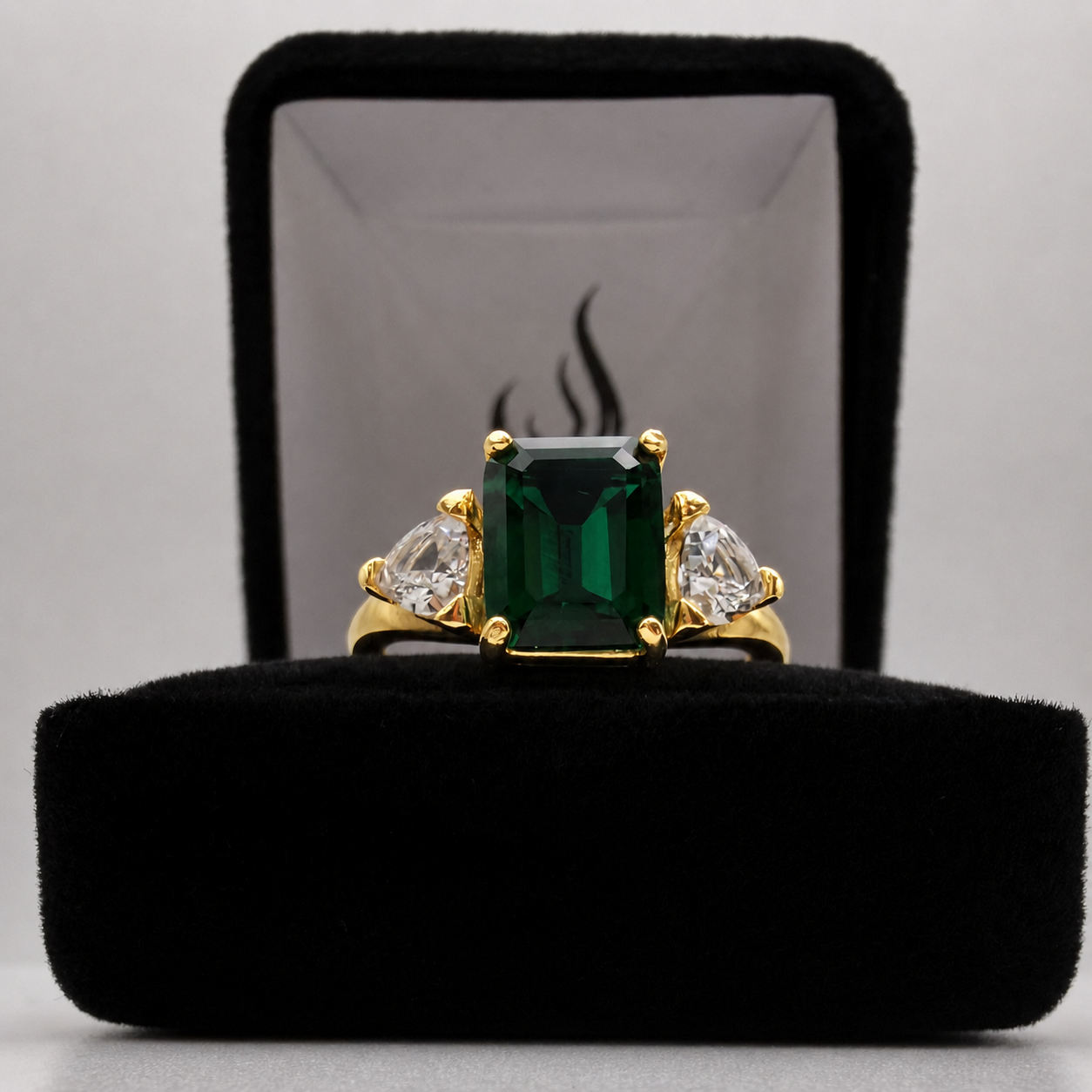 4.5CTW Emerald Cut Lab Emerald Ring | Trillion White Sapphire Three Stone Ring