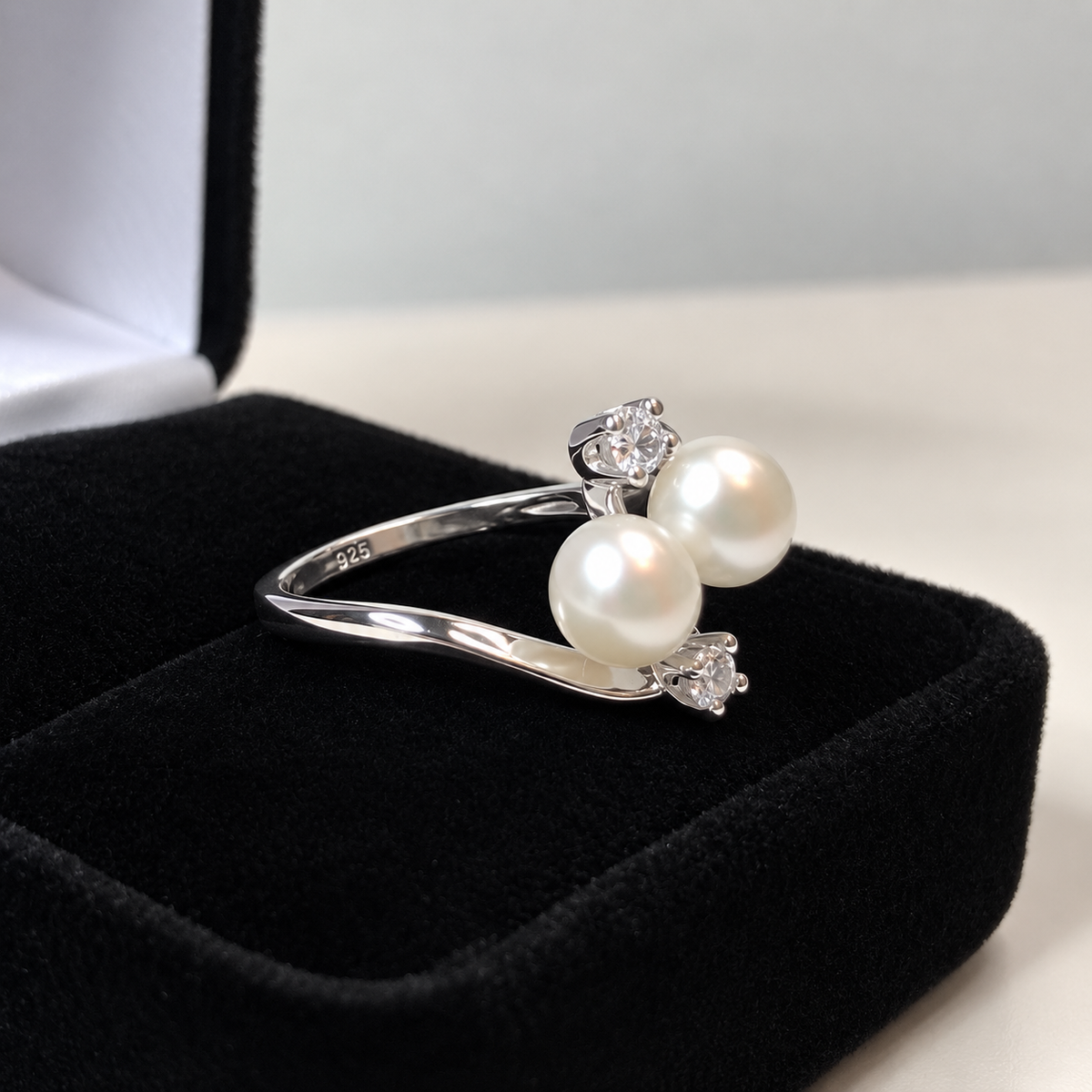 Twin Pearl & White Topaz Sculptural Ring