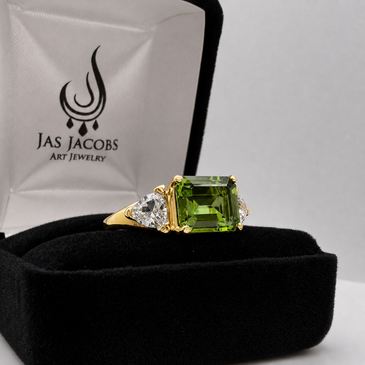 Emerald Cut Peridot & Trillion White Sapphire Art Deco Ring