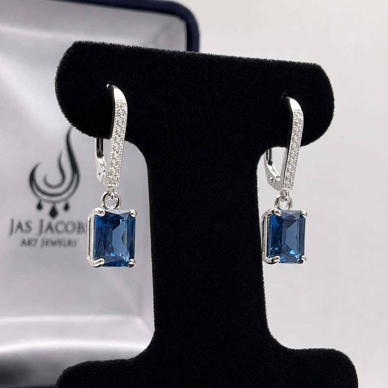 5.2ctw Emerald Cut London Blue Spinel & White Topaz Leverback Earrings