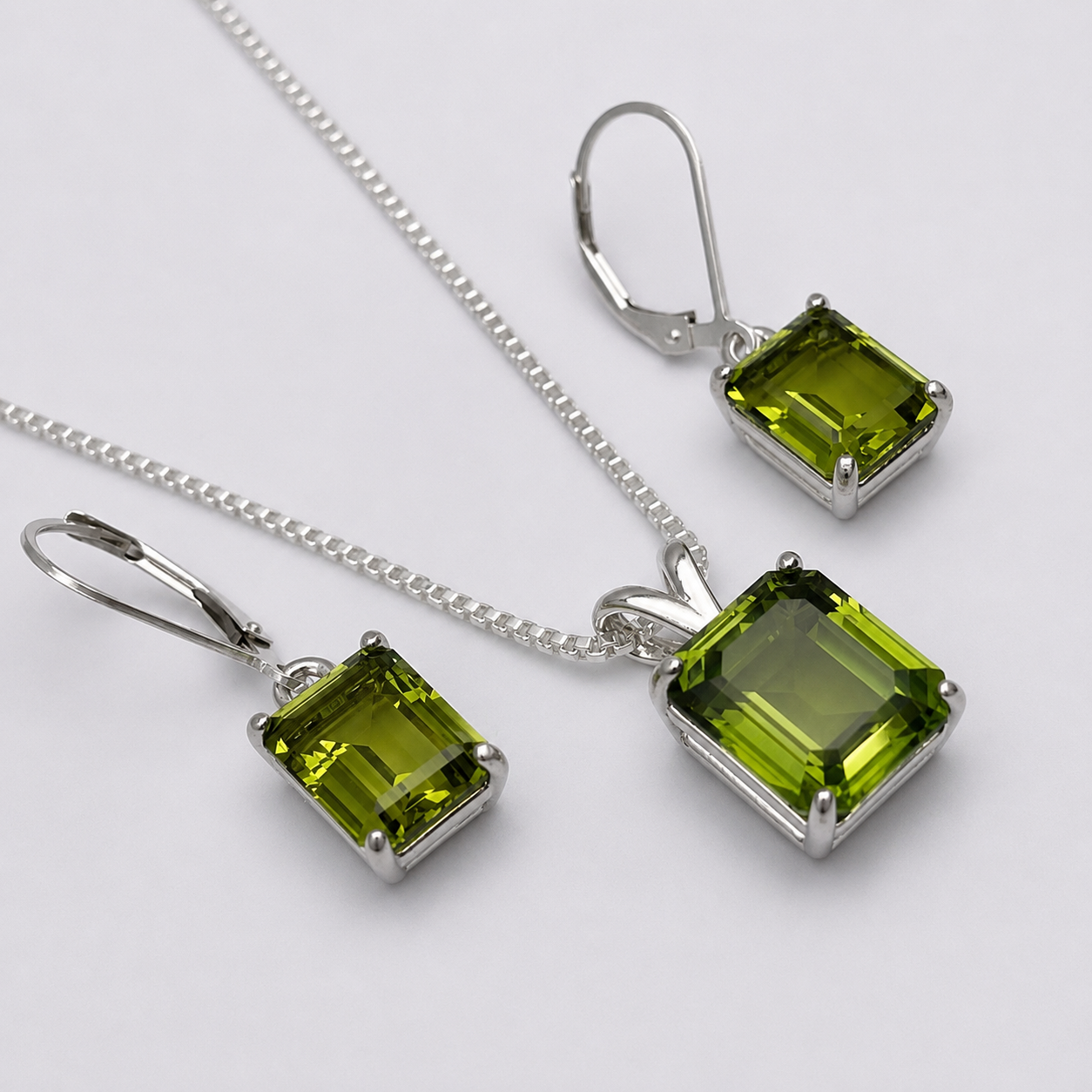 Emerald Cut Peridot Necklace and Earrings Set in Sterling Silver | August Birthstone Jewelry Gift for Her