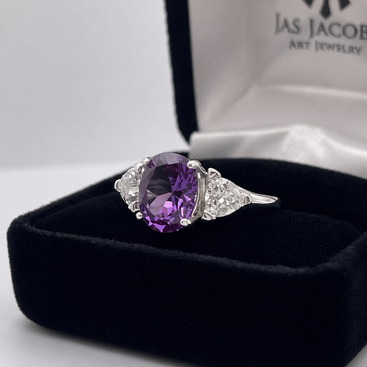 4ctw Color Change Alexandrite Sapphire Ring | Trillion White Sapphires | Three-Stone Ring