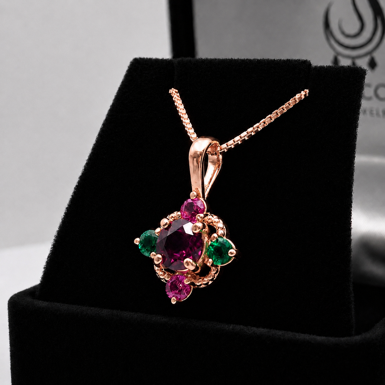 Vintage Inspired Rhodolite Garnet Pendant Necklace with Emeralds & Pink Sapphires | Heirloom Jewelry Gift | Customizable Jewelry