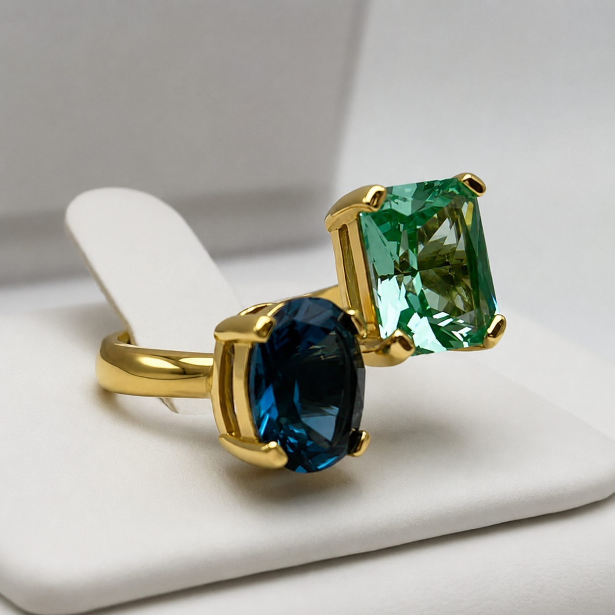 6.5ctw London Blue & Mint Green Spinel Ring | Toi et Moi Ring | Open Adjustable Design