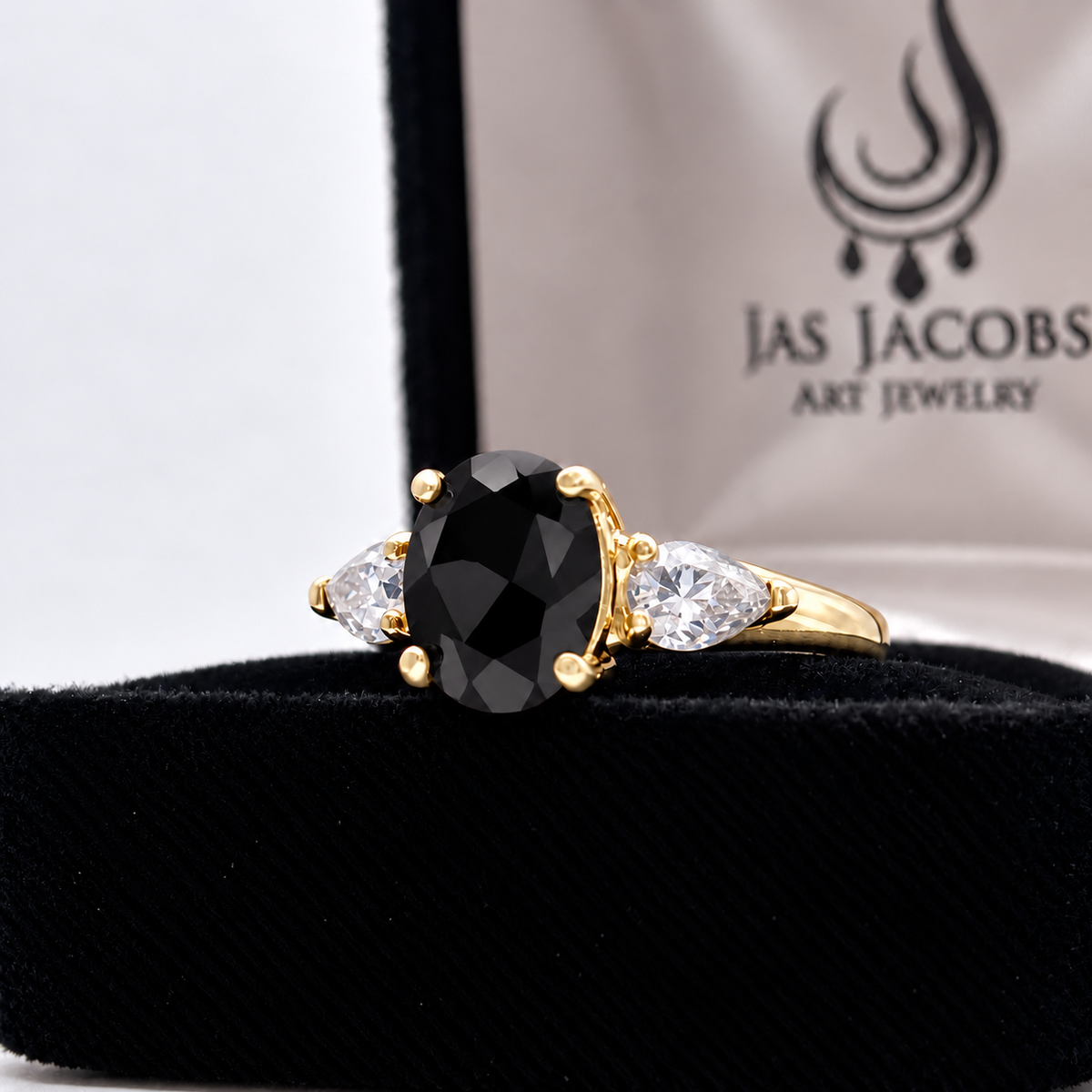 Oval Cut Faceted Black Onyx & White Sapphire Ring