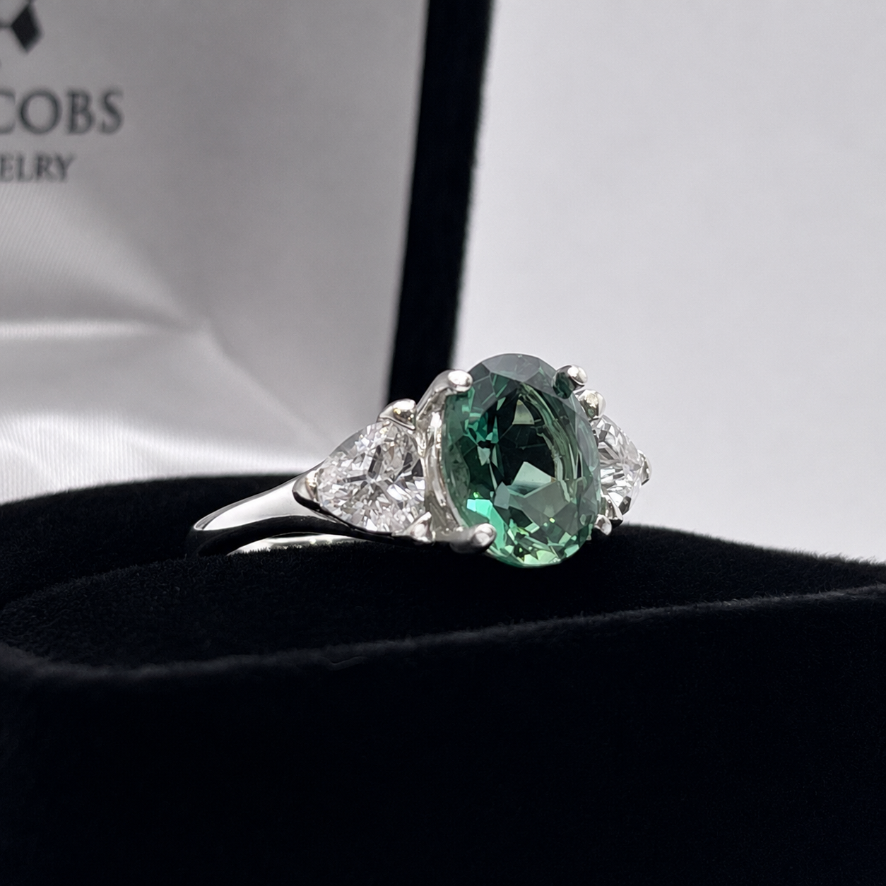 4ctw Oval Cut Green Quartz Ring & Trillion Cut White Sapphire