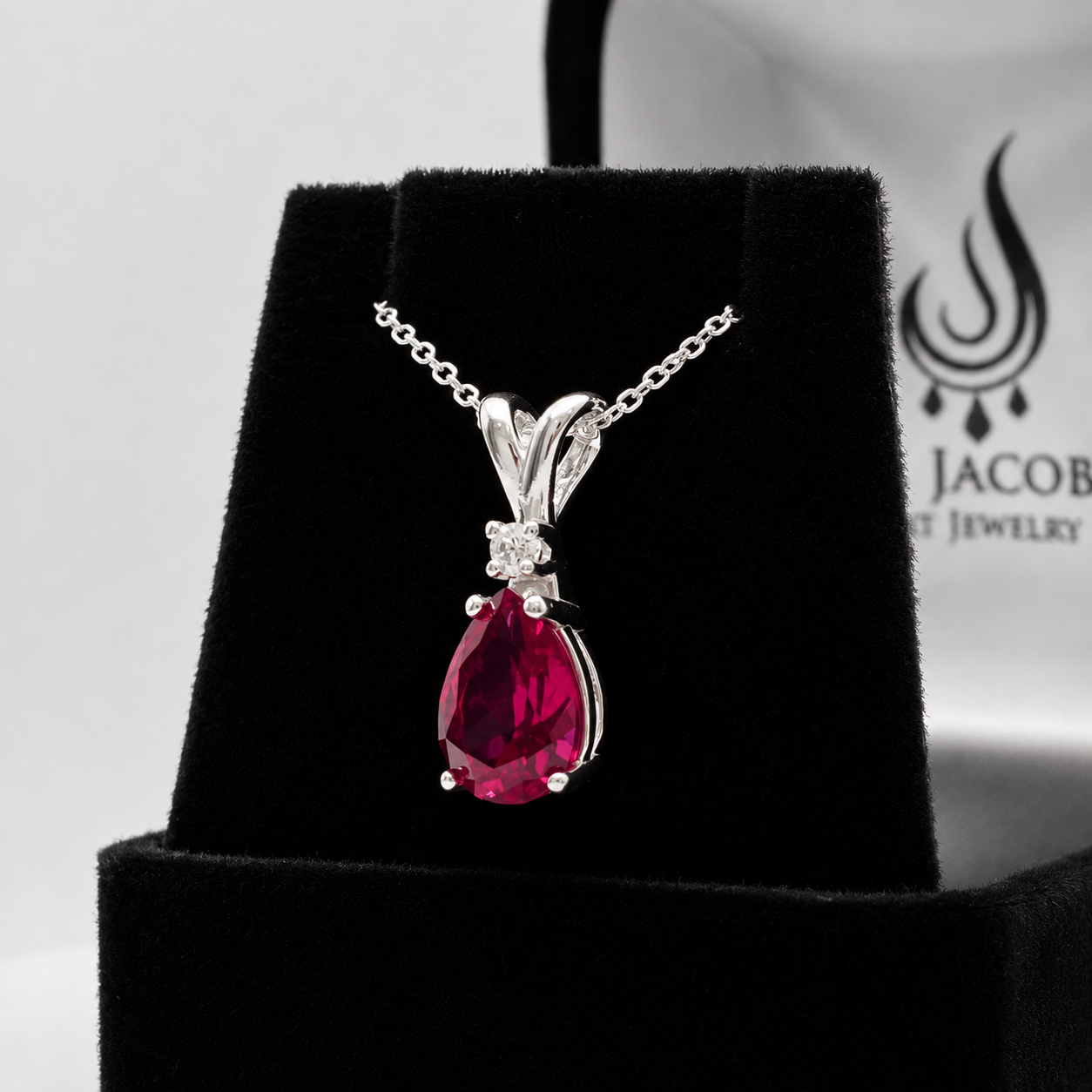 2.2CT Pear Cut Ruby Pendant Necklace | Diamond Accent