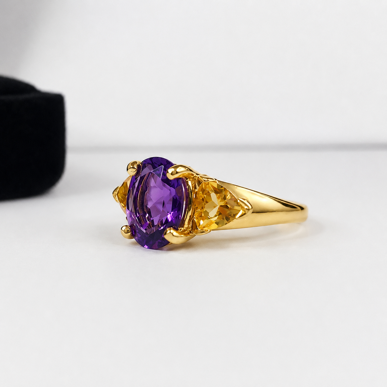 4CTW Oval Cut Amethyst Ring | Trillion Cut Citrine Three Stone Ring | Mardi Gras Ring