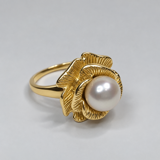 Genuine Akoya Pearl Sculptural Floral Ring