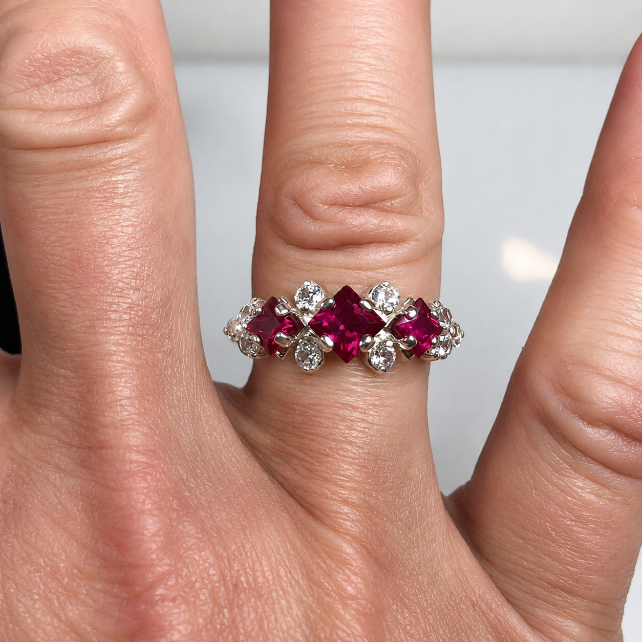 Art Deco Inspired Ruby and Diamond Three Stone Ring