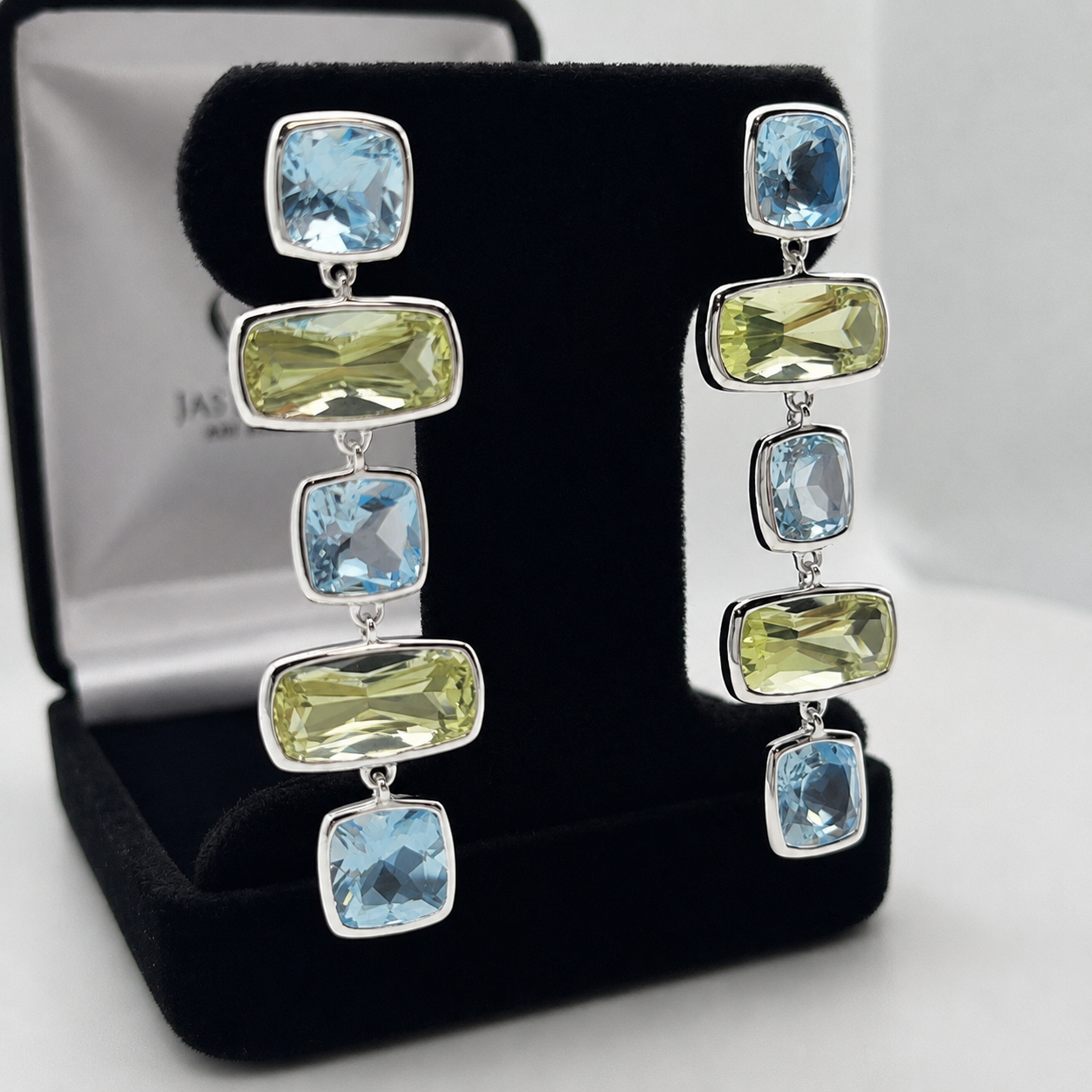 Sky Blue Topaz & Lime Quartz Geometric Drop Earrings 2”