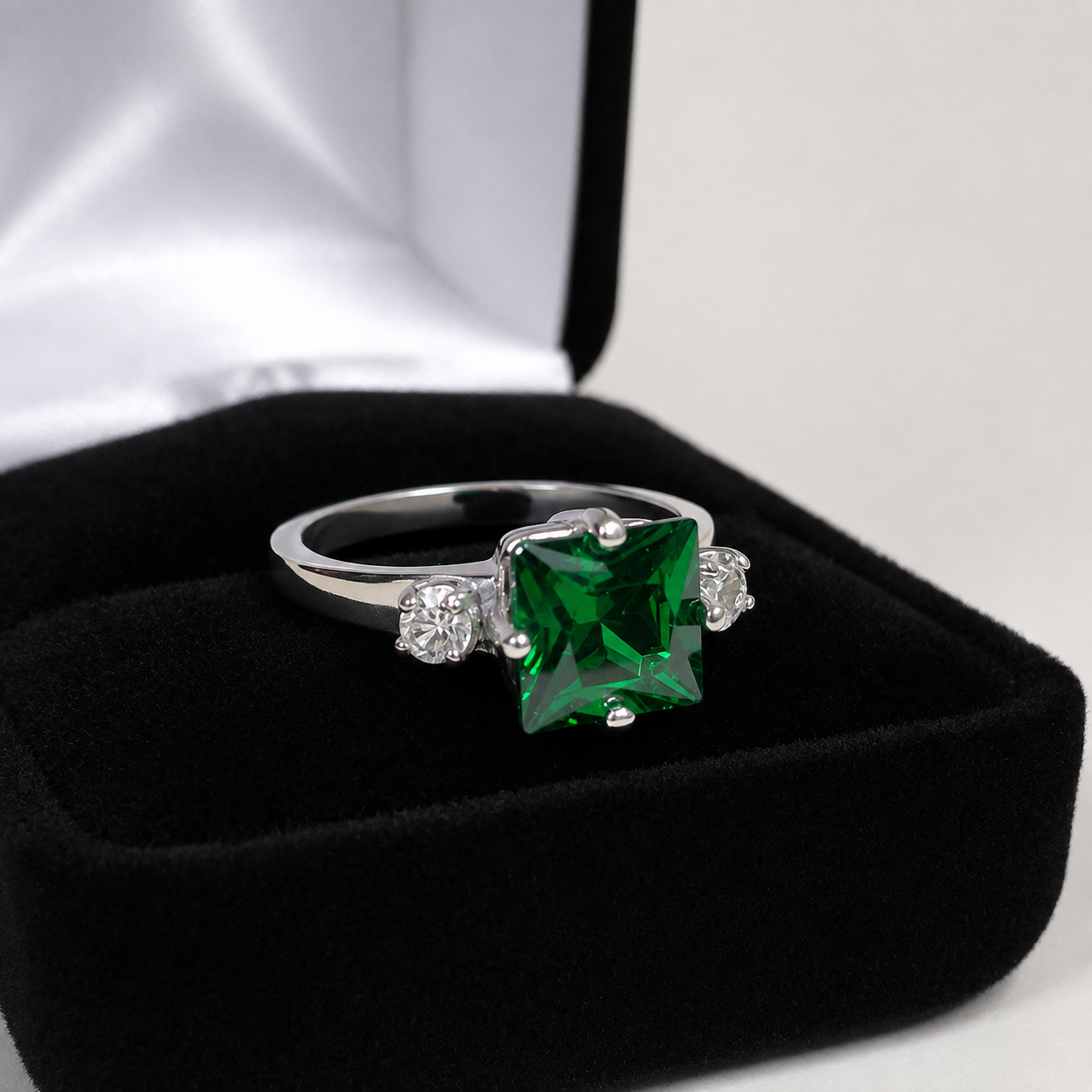 Princess Cut Simulated Emerald & White Sapphire Art Deco Ring