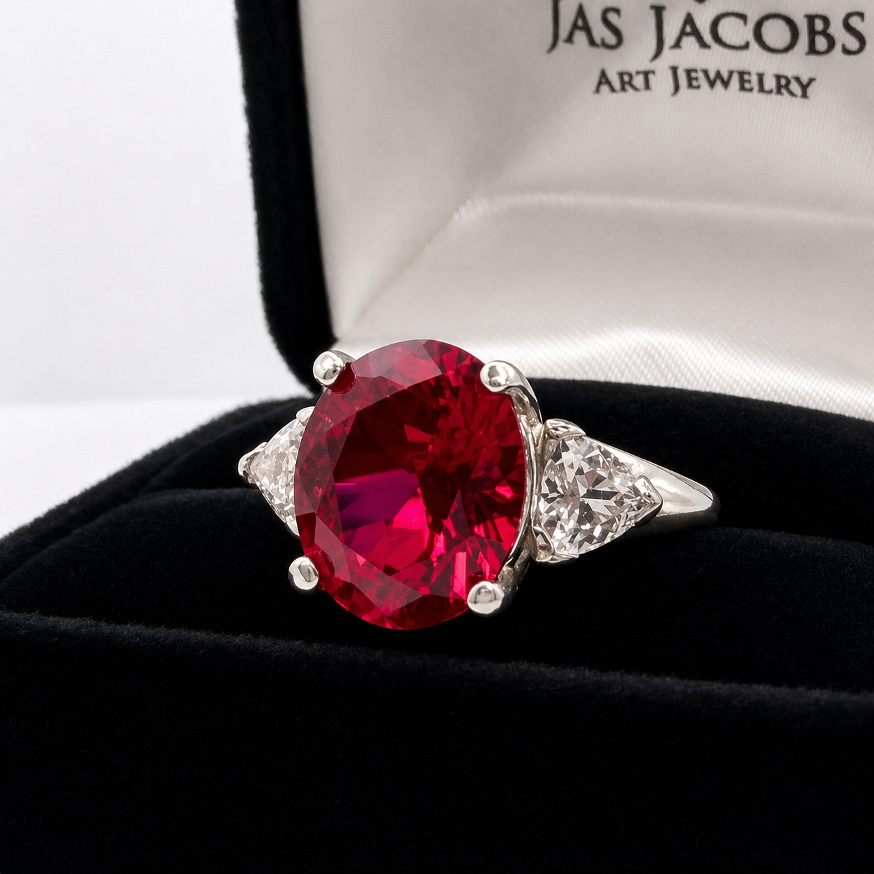 6.5ctw Oval Cut Ruby & Trillion Cut White Sapphire Three Stone Ring