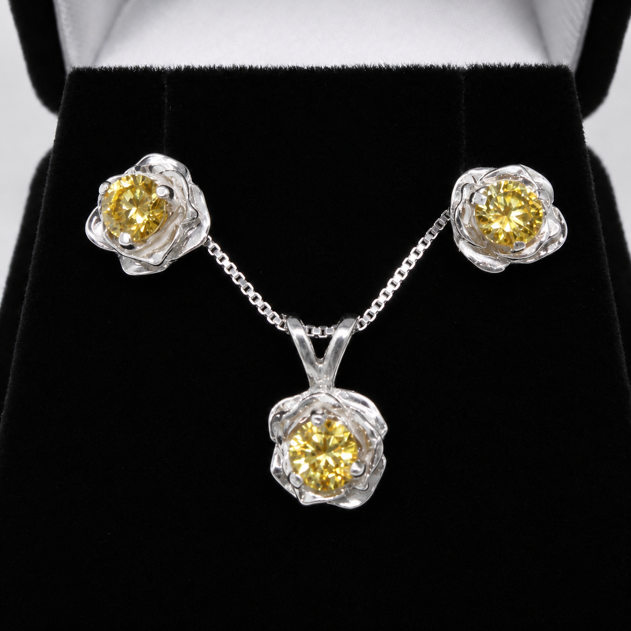 Yellow Citrine Floral Jewelry Set | Sculptural Rose Pendant Necklace & Earrings