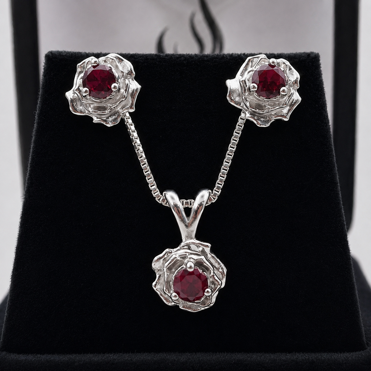 Ruby Rose Jewelry Set | Sculptural Sterling Silver Pendant Necklace & Earrings