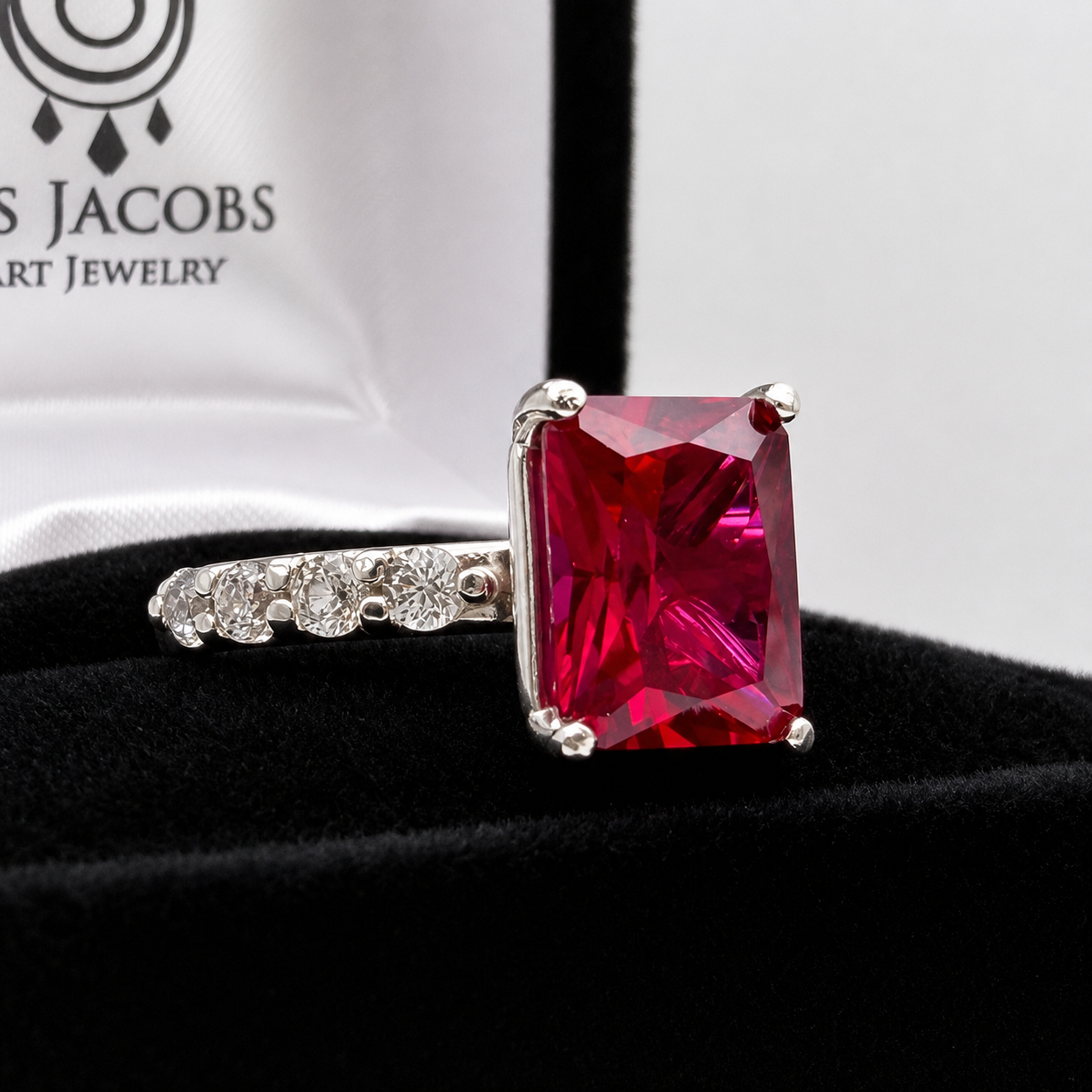 4.64 CTW Emerald Cut Ruby Ring | Diamond Band