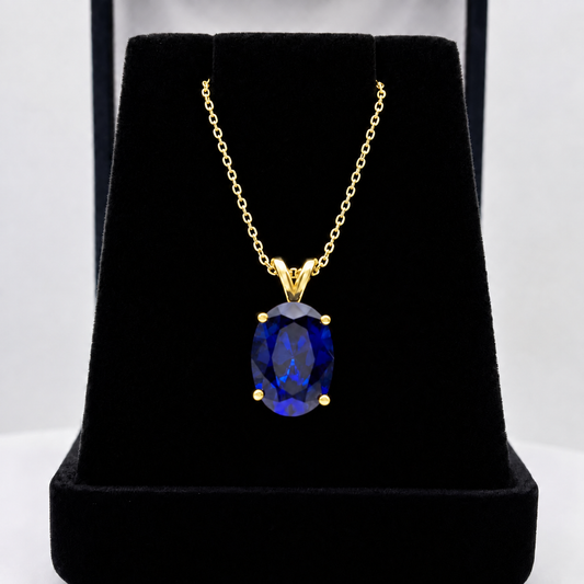 7CT Oval Cut Blue Sapphire Necklace | Solid Gold