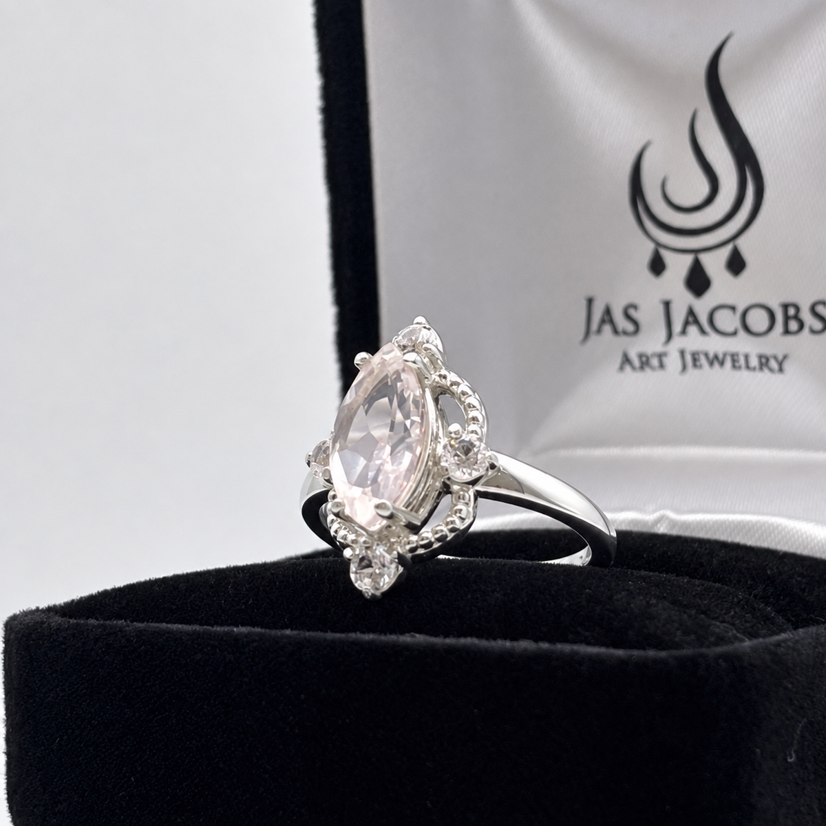2.5ctw Marquise Rose Quartz & White Sapphire Navette Ring