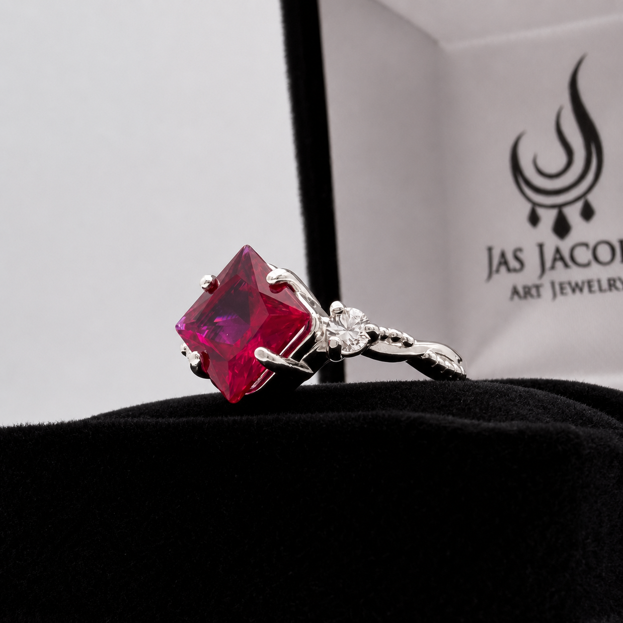 3.16 CTW Princess Cut Ruby & Diamond Ring | Vintage-Inspired Engagement Ring | Available in Sterling Silver & 10K or 14K Gold