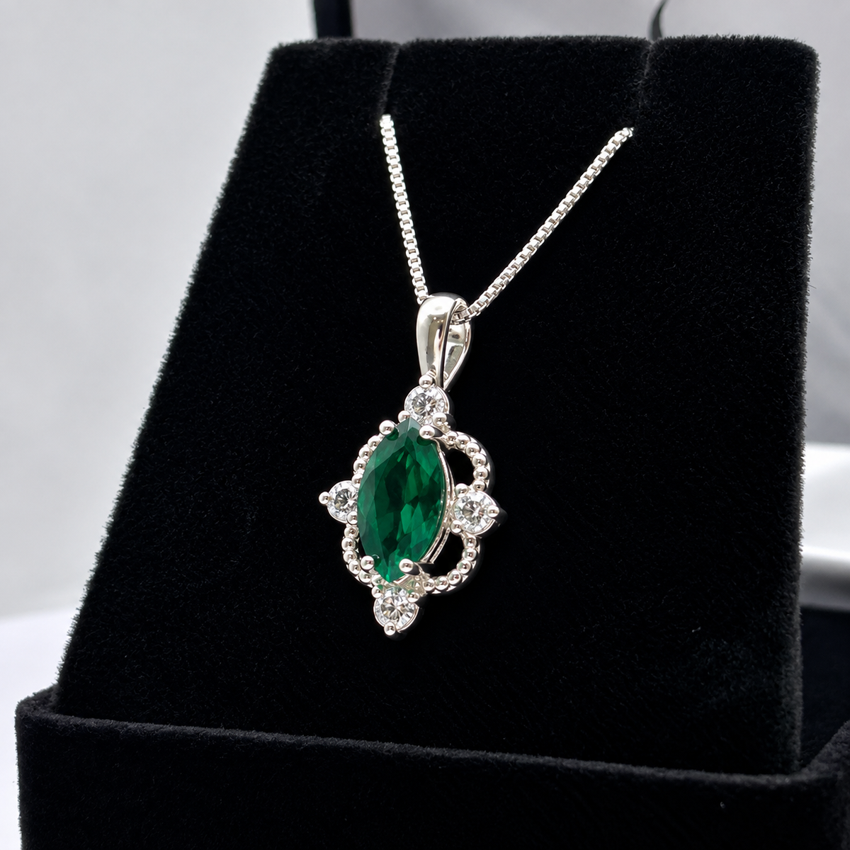 2ct Marquise Cut Emerald Necklace | White Sapphire Accent