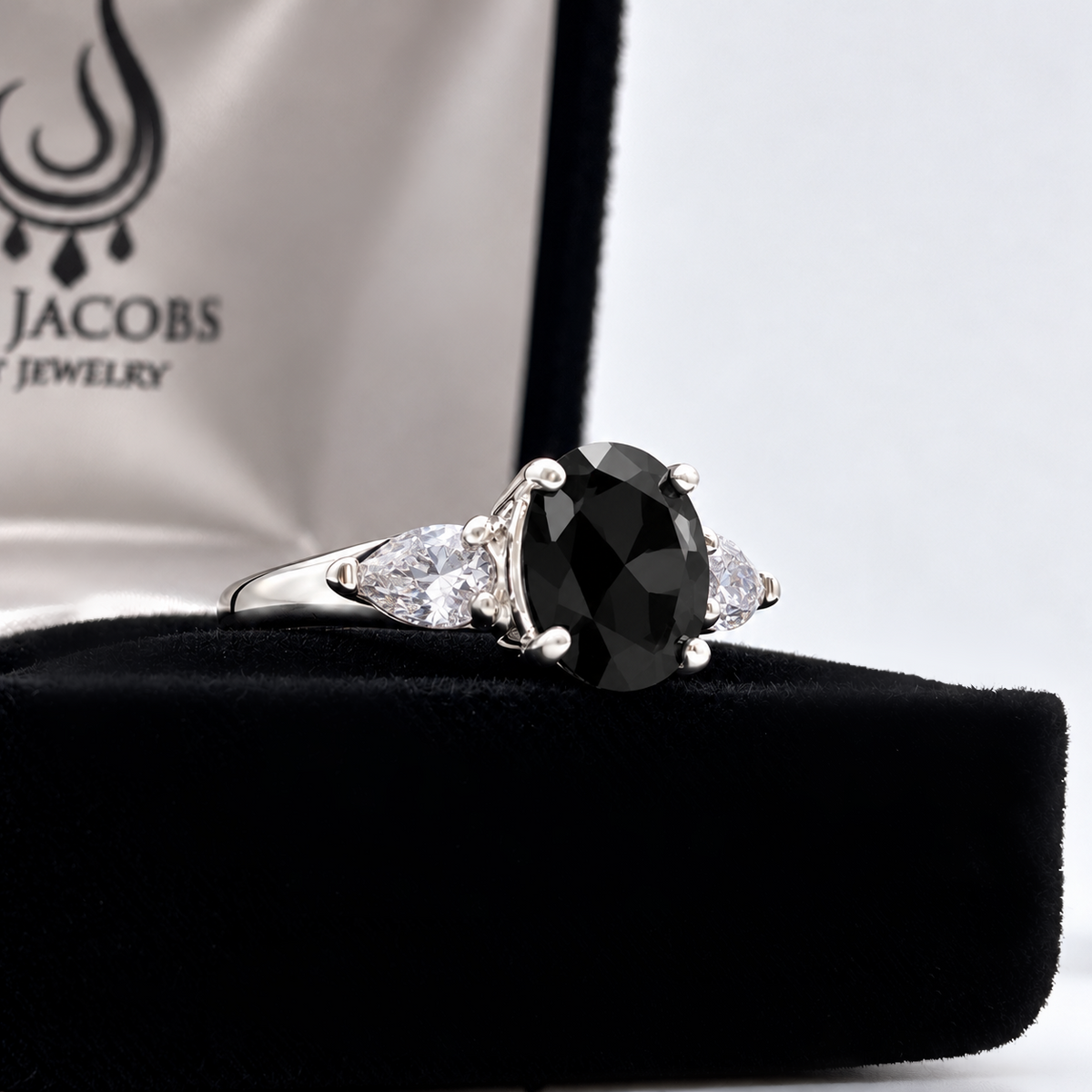 Oval Cut Faceted Black Onyx & White Sapphire Ring