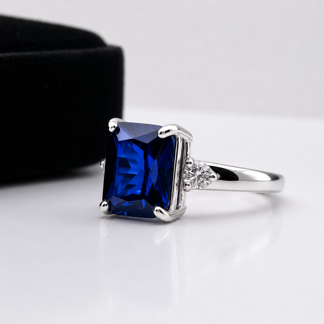 4 Carat Emerald Cut Blue Sapphire Ring with Diamond Accents